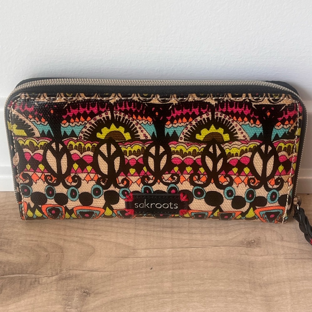 Sakroots Brown and Pink Wallet Clutch Floral Pattern Peace